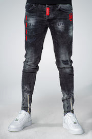 MM Black washed Jeans Red Details Black Rips with White Zip