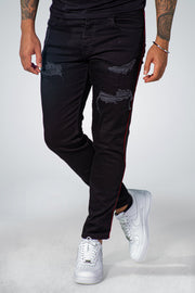 MM Skinny Black Jeans Dark Grey Rips Red Black with Side Line Detail