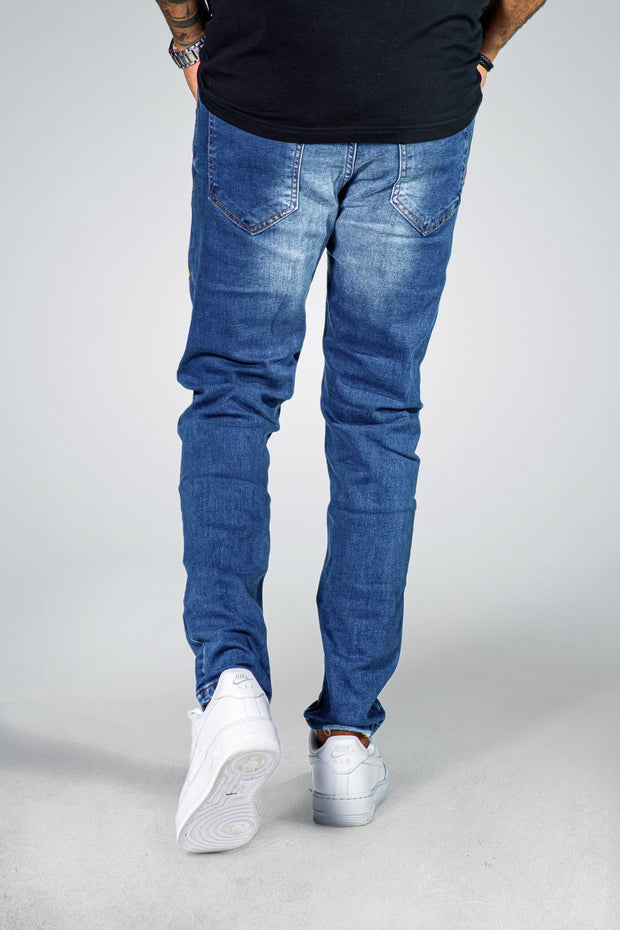 Mm Blue Washed Jeans Red Yellow Side Details