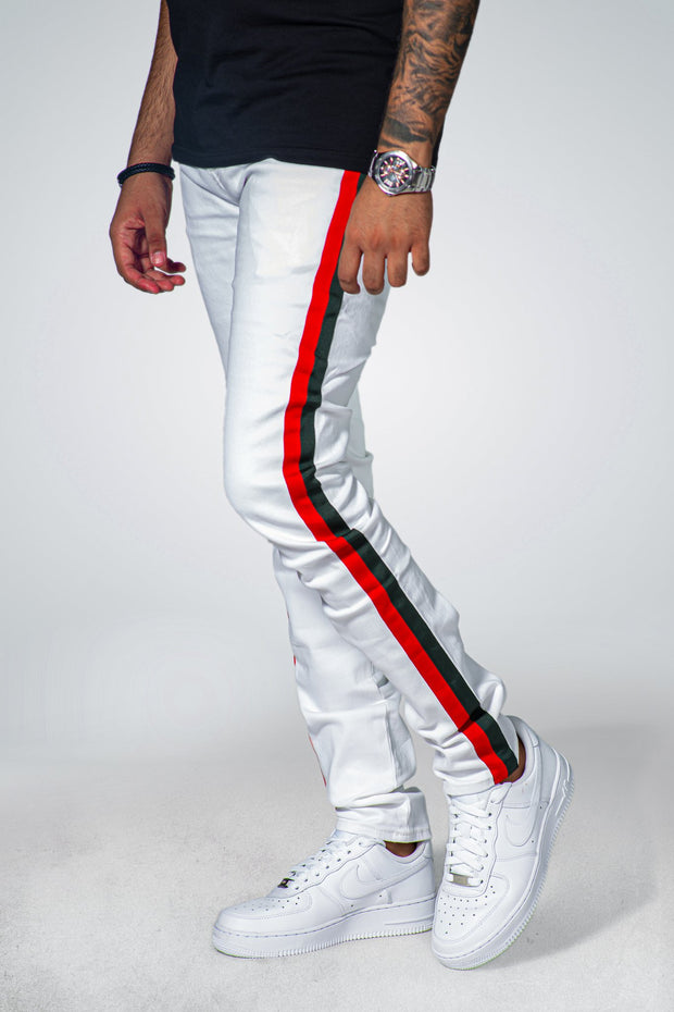 SJ Red Green Side Stripe Jeans White