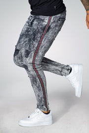 MM Grey Acid wash Jeans Red and White with Black Side stripe